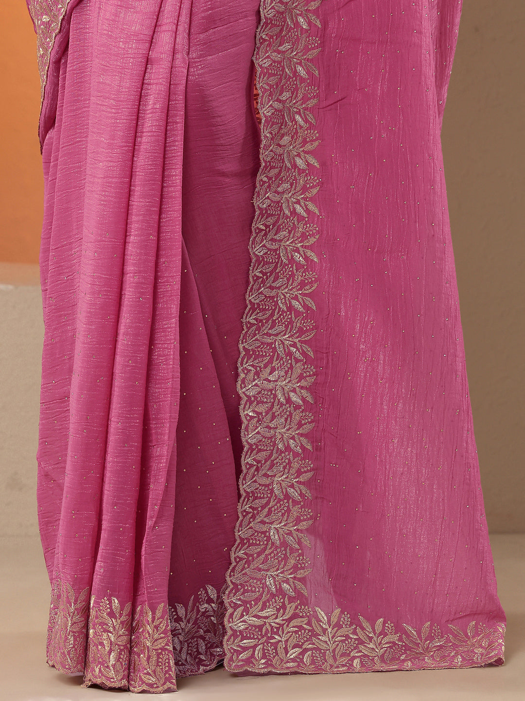  Pink Embellished Chinon Saree With Unstitched Blouse Piece 