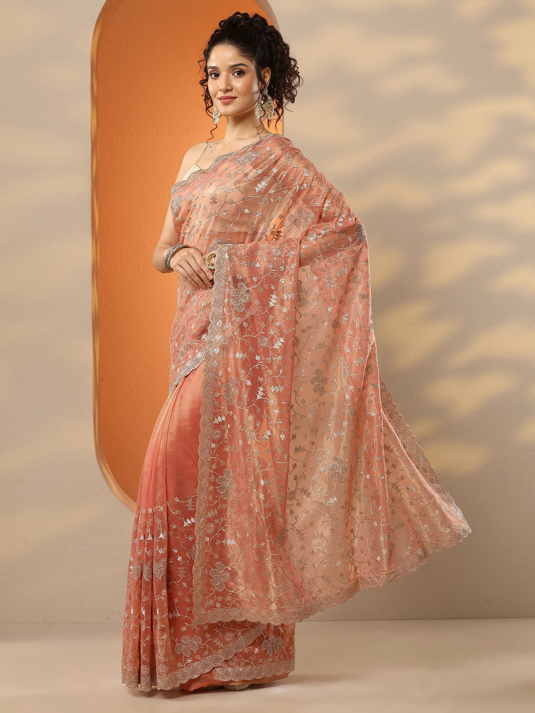  Coral  Embroidered Nylon Saree With Unstitched Blouse Piece 
