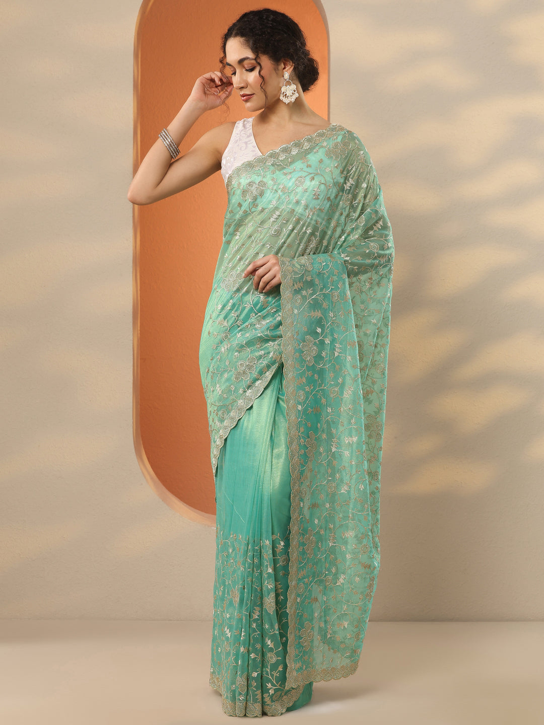  Green Embroidered Nylon Saree With Unstitched Blouse Piece 