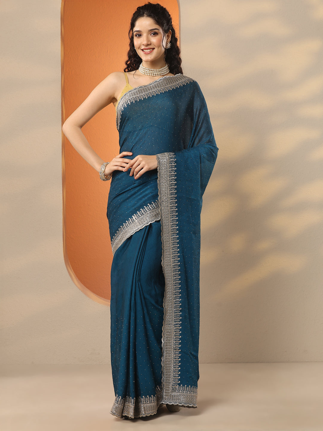  Blue Embellished Organza Saree With Unstitched Blouse Piece 