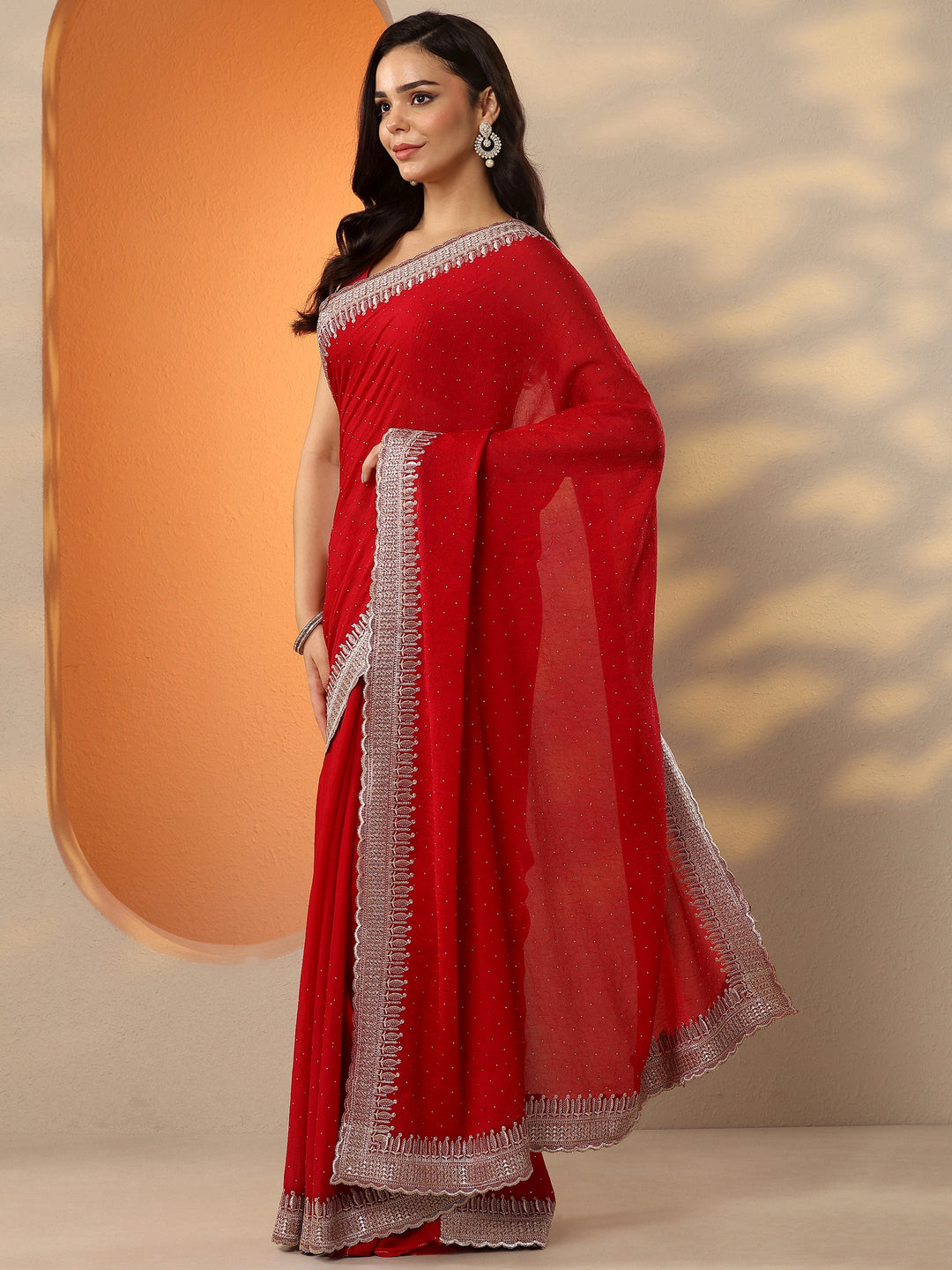  Red Embellished Organza Saree With Unstitched Blouse Piece 