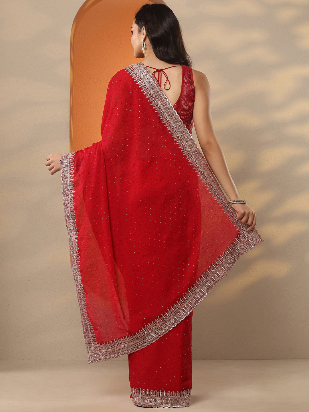  Red Embellished Organza Saree With Unstitched Blouse Piece 