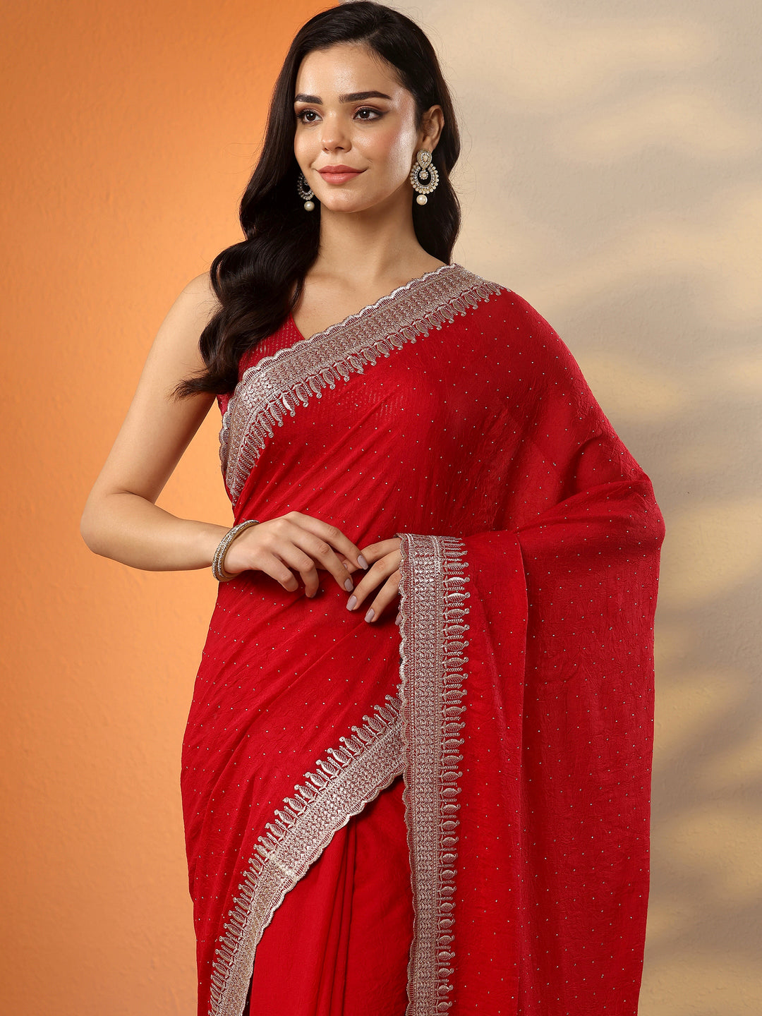  Red Embellished Organza Saree With Unstitched Blouse Piece 