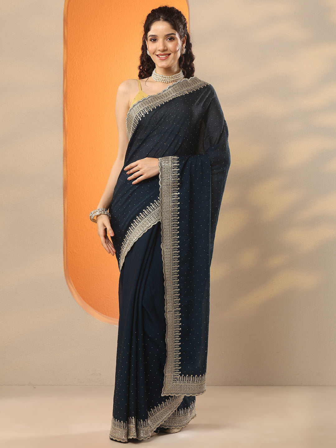  Blue Embellished Organza Saree With Unstitched Blouse Piece 