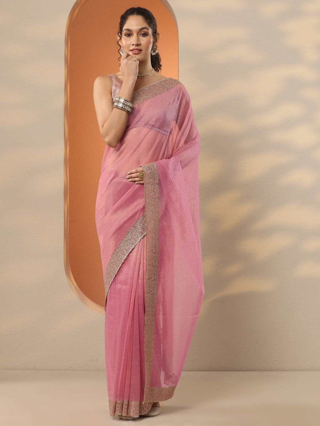  Pink Embellished Nylon Saree With Unstitched Blouse Piece 