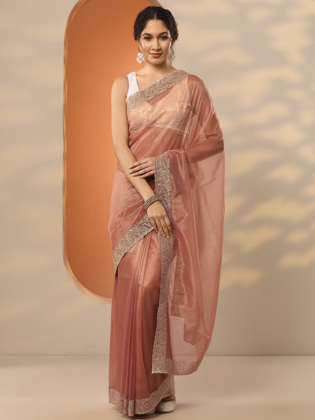  Orange Embellished Nylon Saree With Unstitched Blouse Piece 