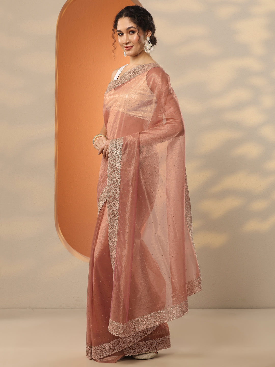  Orange Embellished Nylon Saree With Unstitched Blouse Piece 