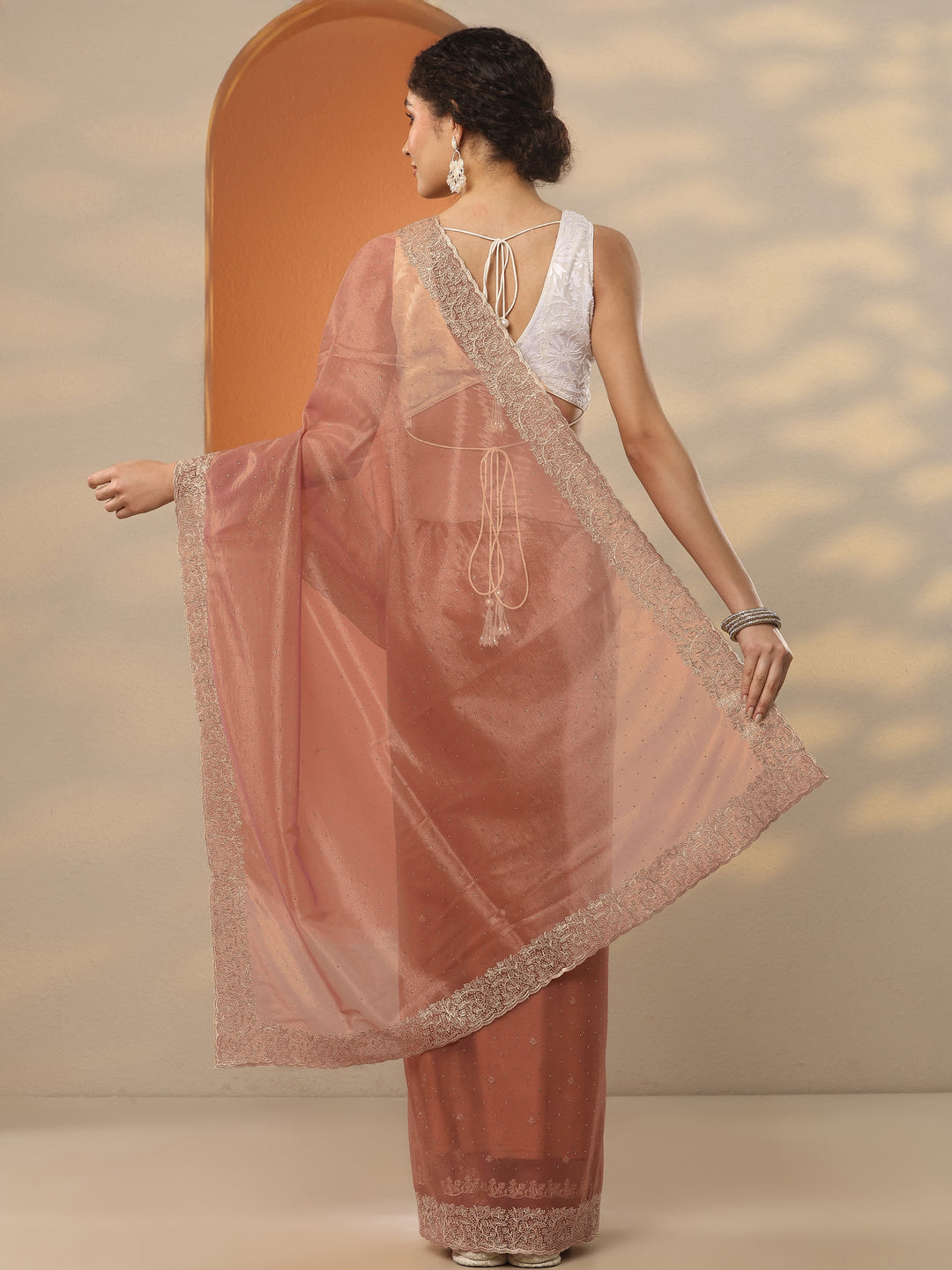  Orange Embellished Nylon Saree With Unstitched Blouse Piece 