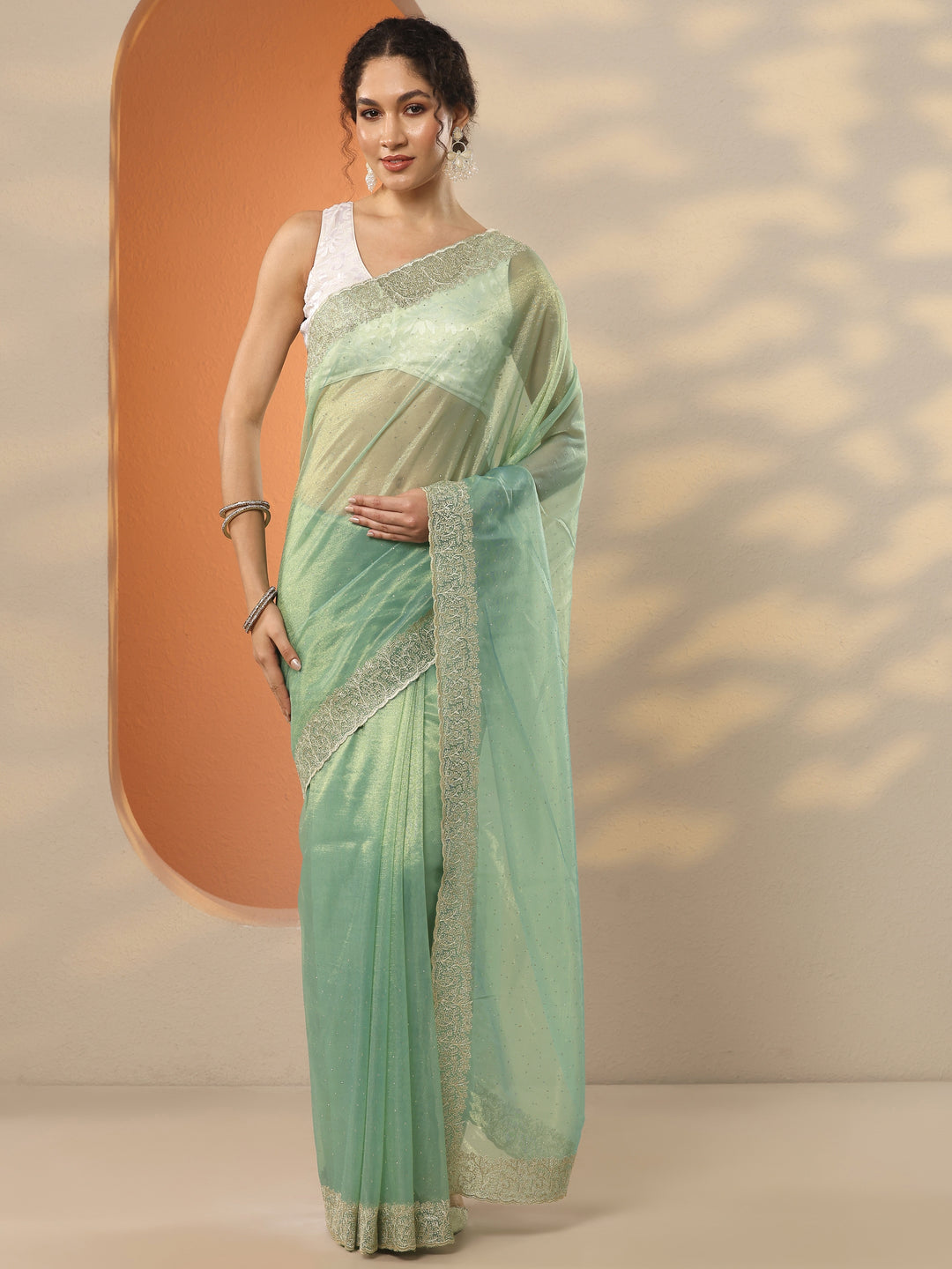  Green Embellished Nylon Saree With Unstitched Blouse Piece 