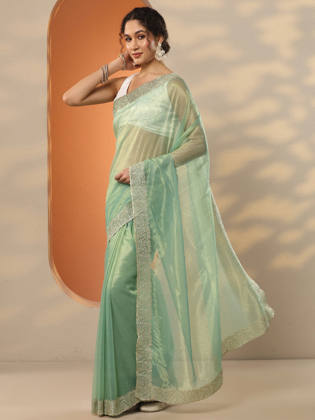  Green Embellished Nylon Saree With Unstitched Blouse Piece 