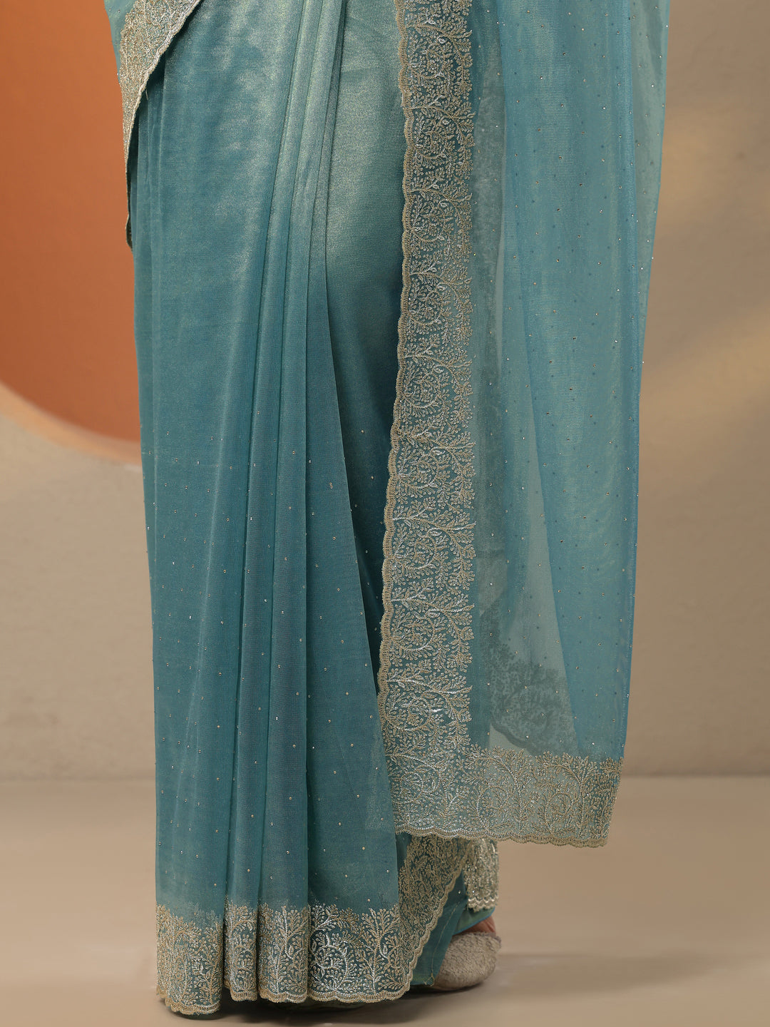  Sea Green Embellished Nylon Saree With Unstitched Blouse Piece 