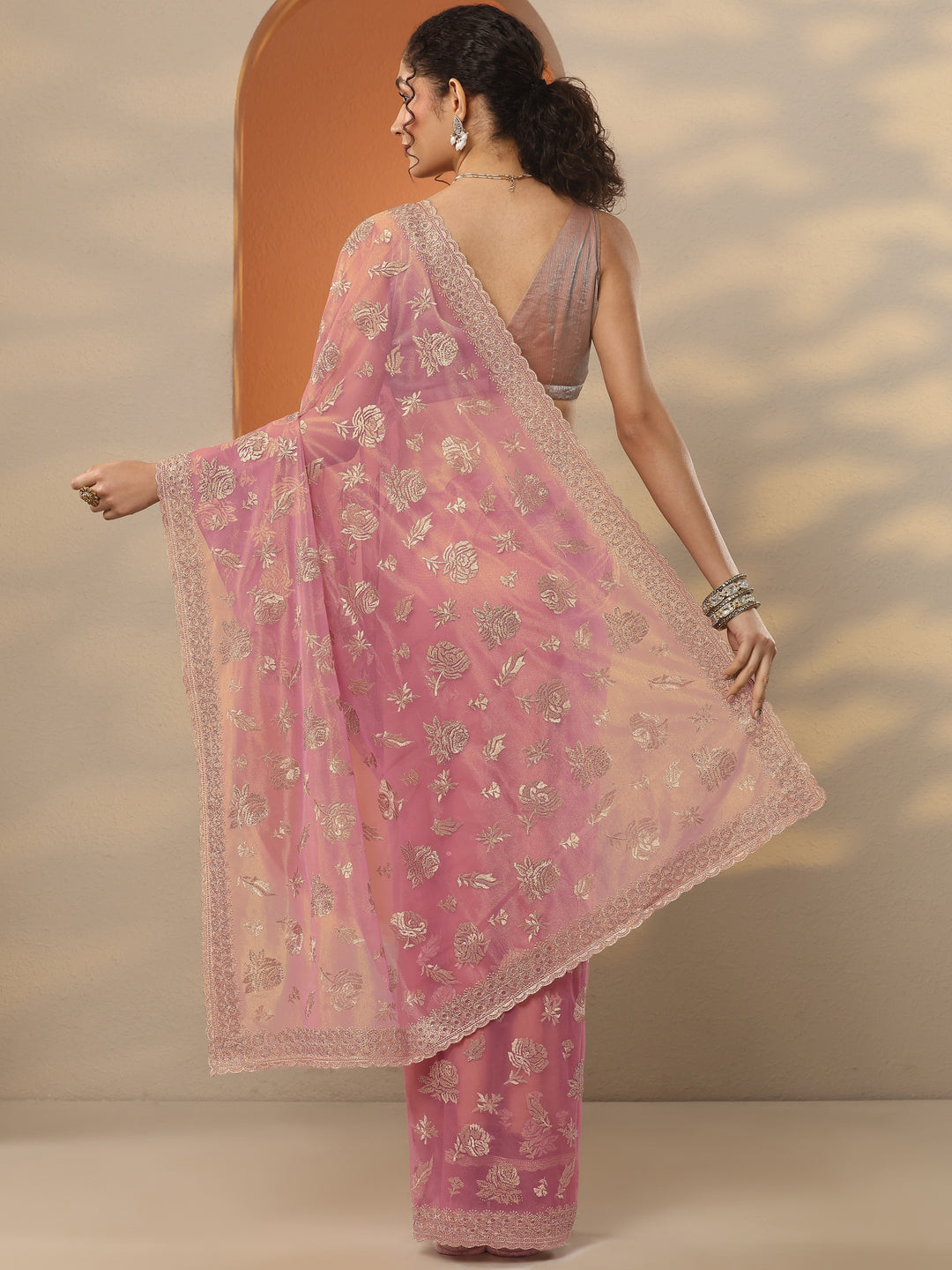  Pink Embroidered Nylon Saree With Unstitched Blouse Piece 