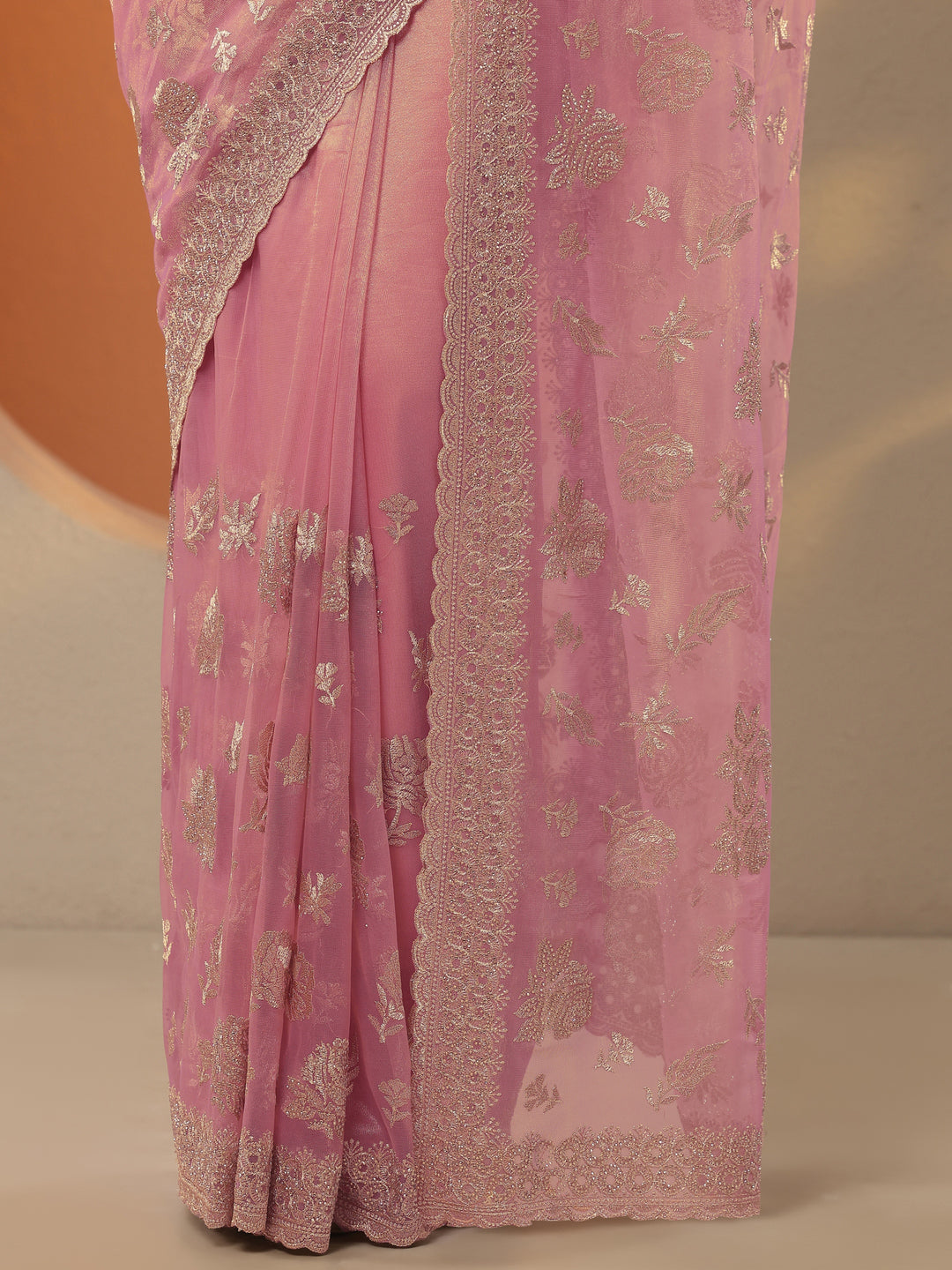  Pink Embroidered Nylon Saree With Unstitched Blouse Piece 