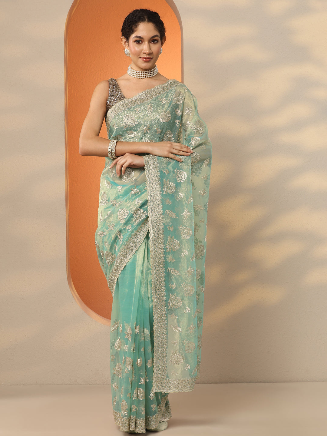  Green Embroidered Nylon Saree With Unstitched Blouse Piece 