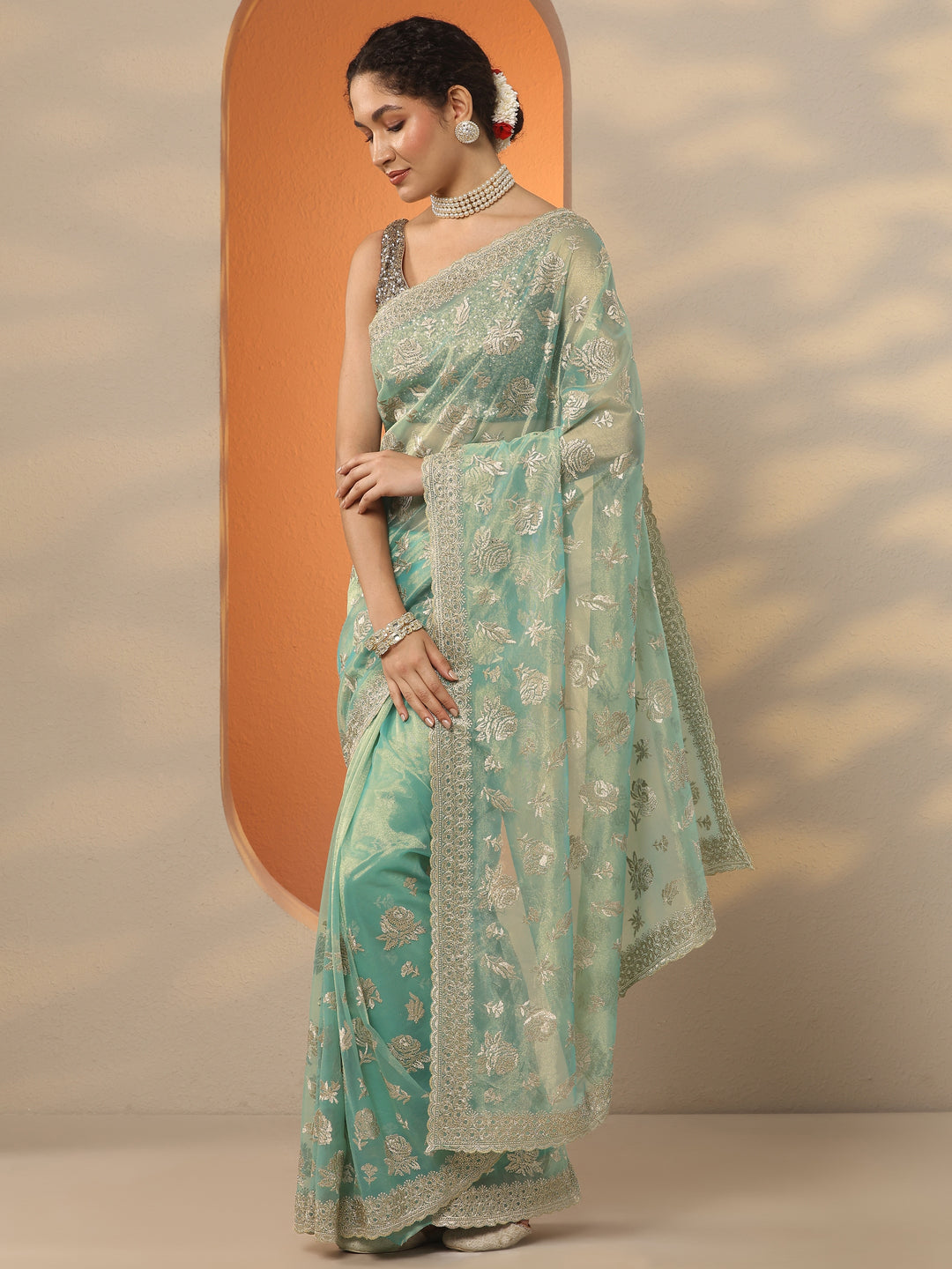  Green Embroidered Nylon Saree With Unstitched Blouse Piece 