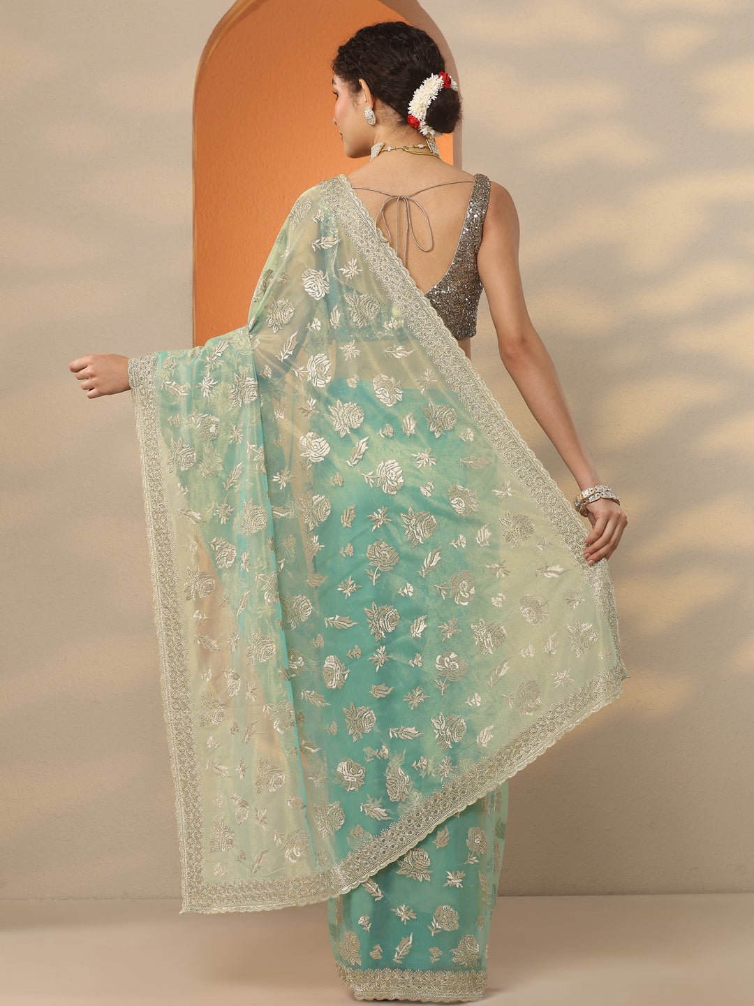  Green Embroidered Nylon Saree With Unstitched Blouse Piece 