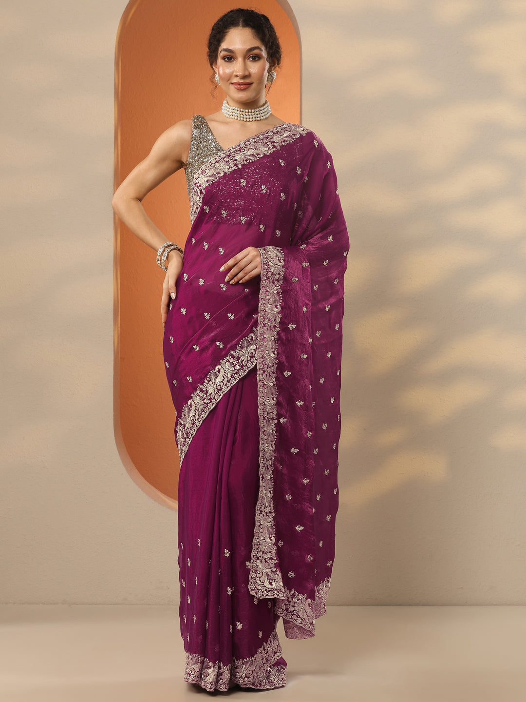  Magenta Embroidered Organza Saree With Unstitched Blouse Piece 