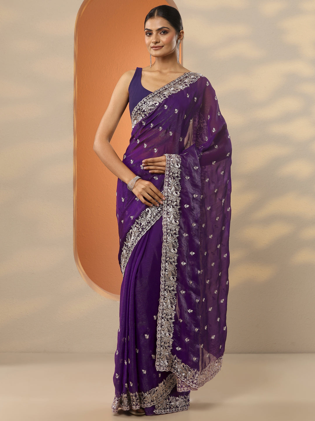  Purple Embroidered Organza Saree With Unstitched Blouse Piece 