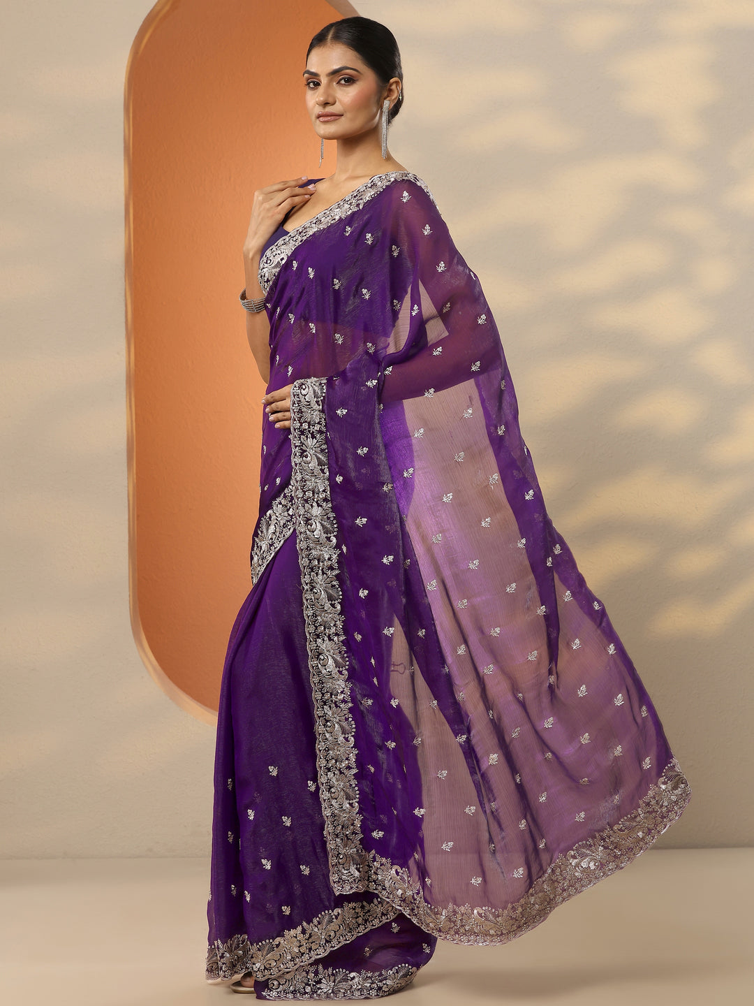  Purple Embroidered Organza Saree With Unstitched Blouse Piece 