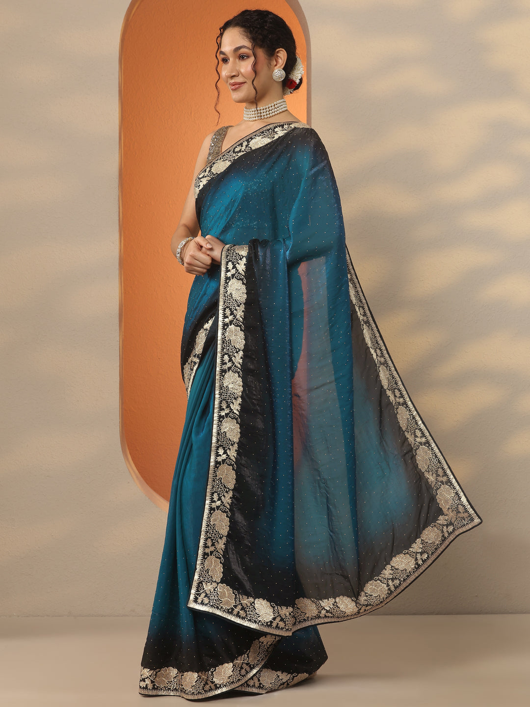  Blue Embellished Organza Saree With Unstitched Blouse Piece 