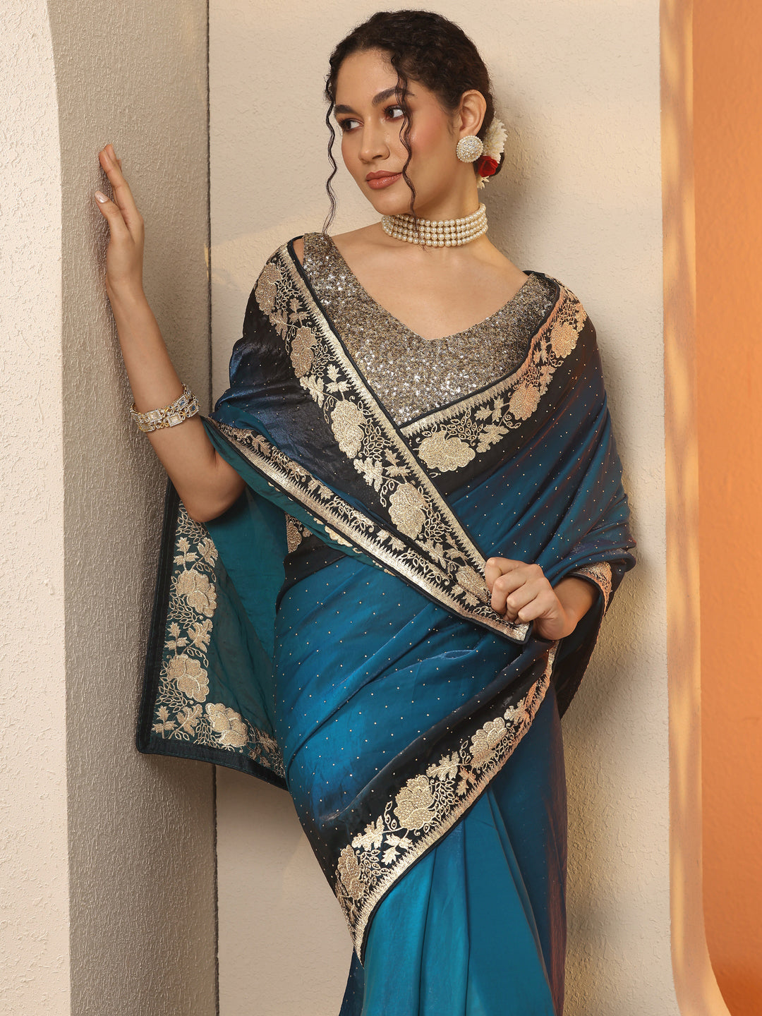  Blue Embellished Organza Saree With Unstitched Blouse Piece 