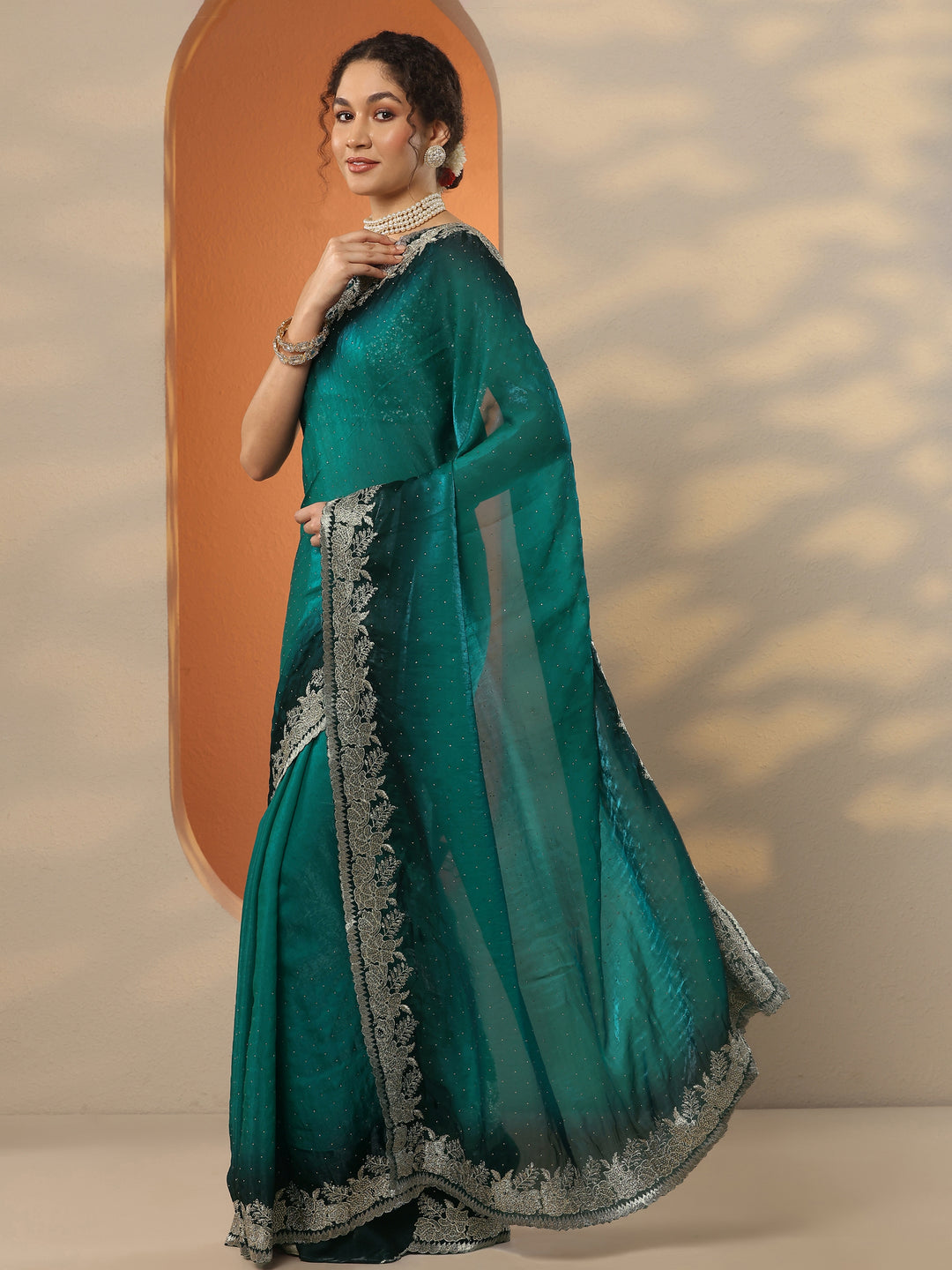  Green Embellished Organza Saree With Unstitched Blouse Piece 