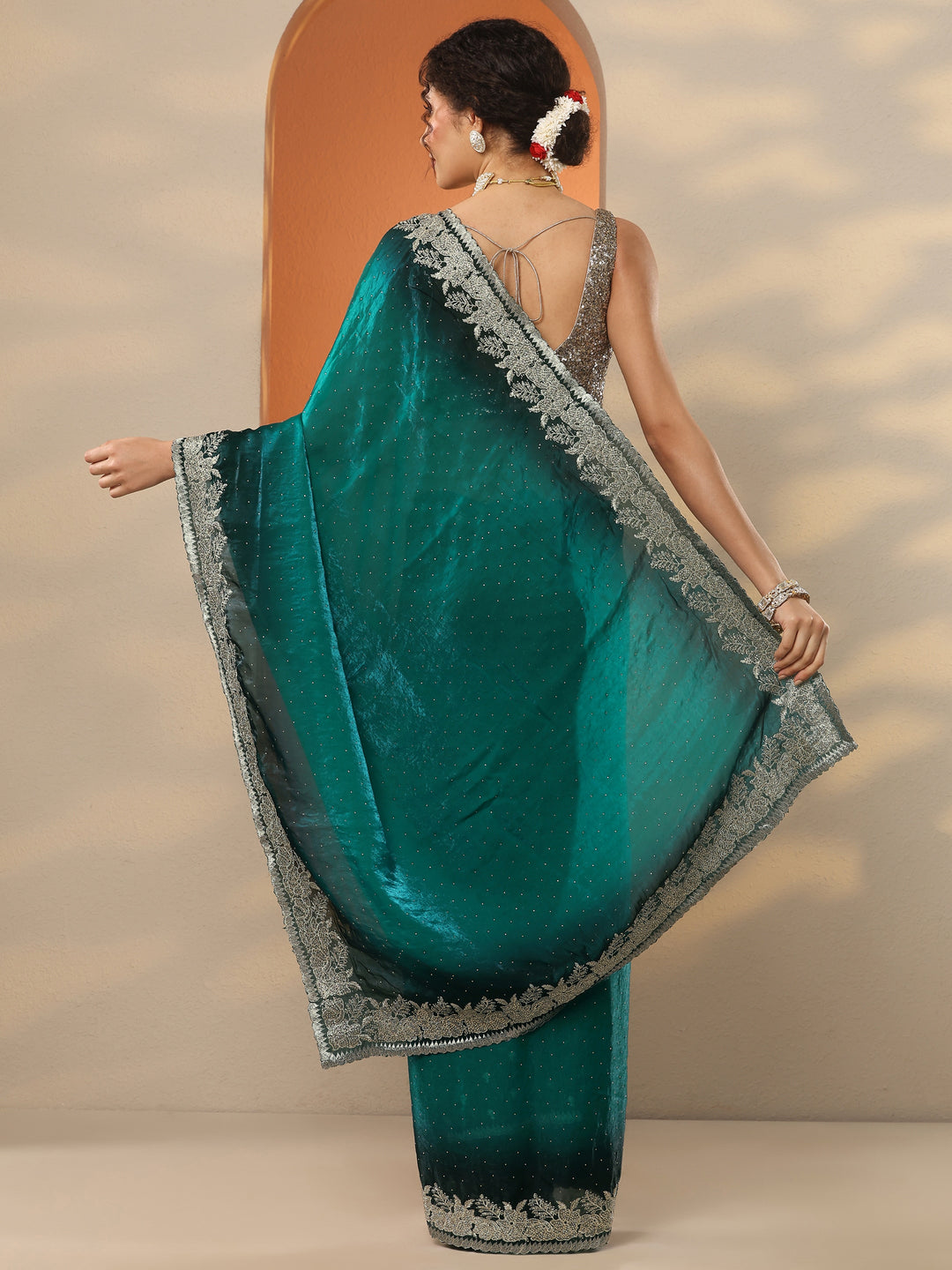  Green Embellished Organza Saree With Unstitched Blouse Piece 