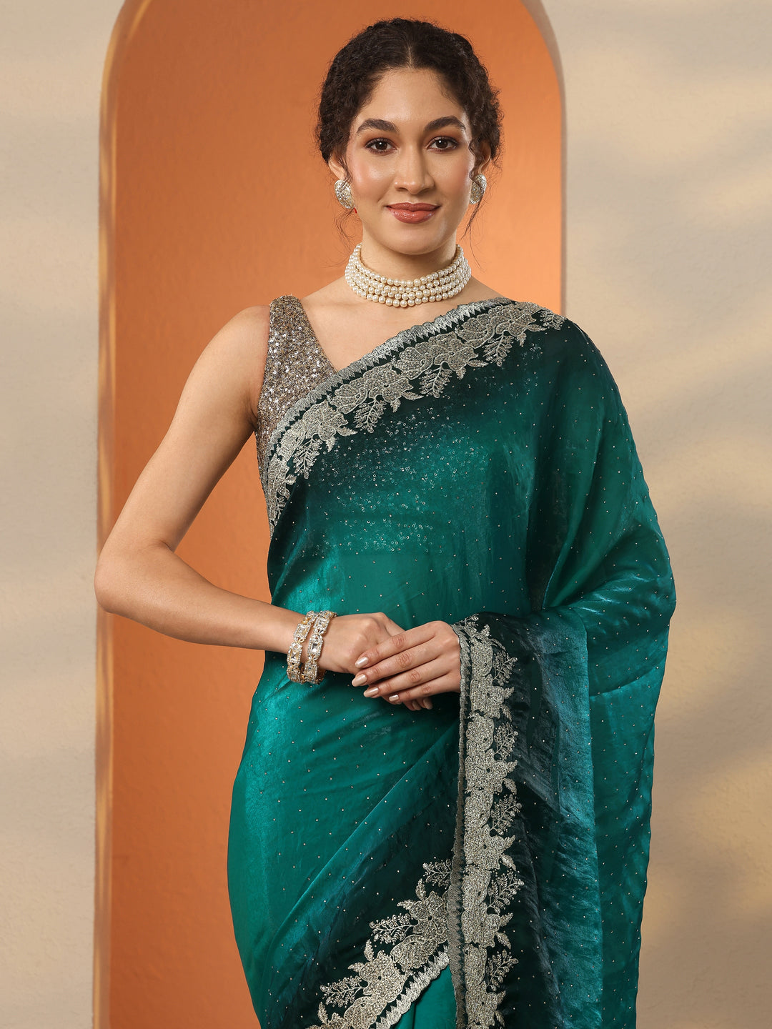  Green Embellished Organza Saree With Unstitched Blouse Piece 