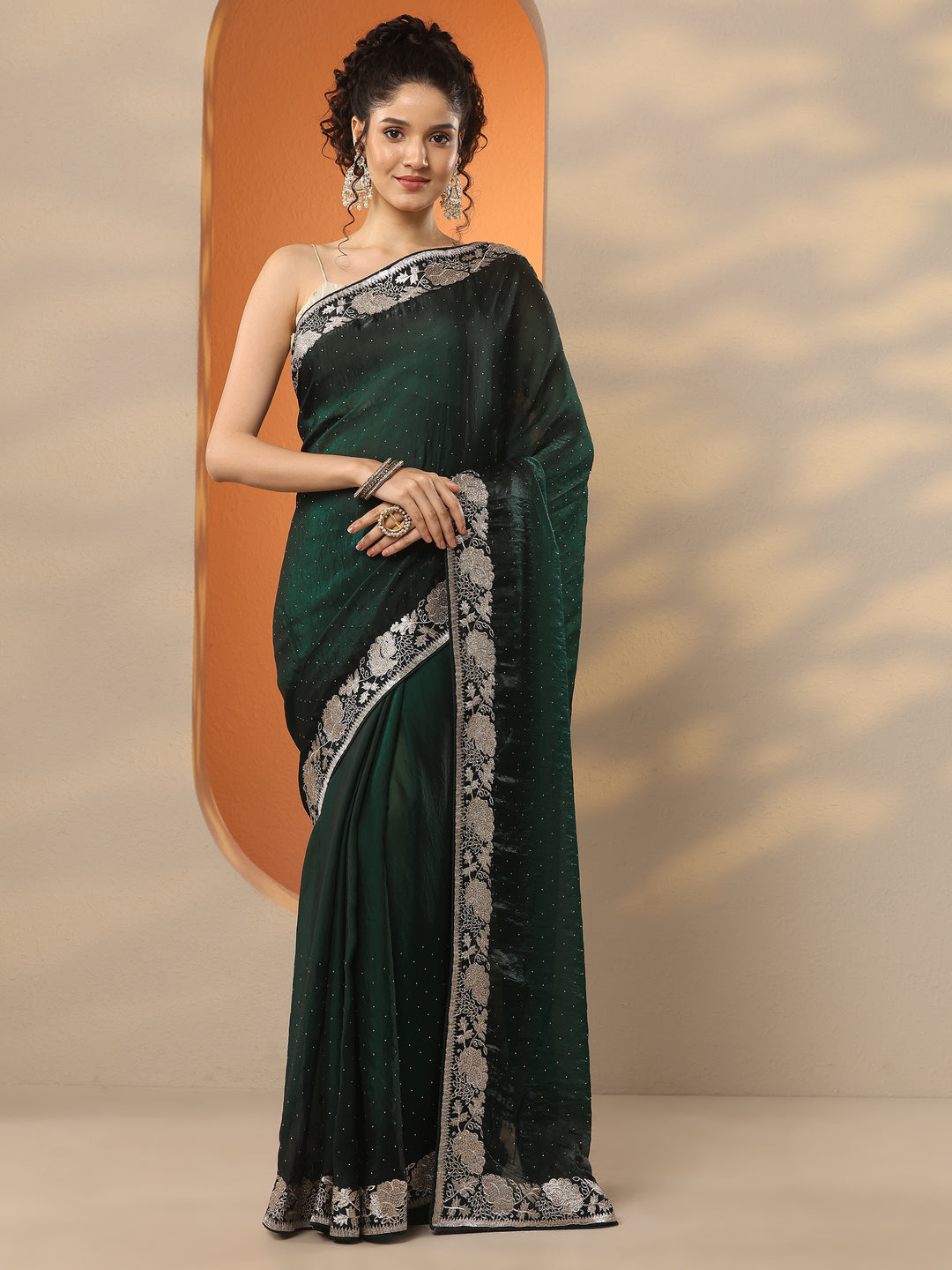  Green Embellished Organza Saree With Unstitched Blouse Piece 