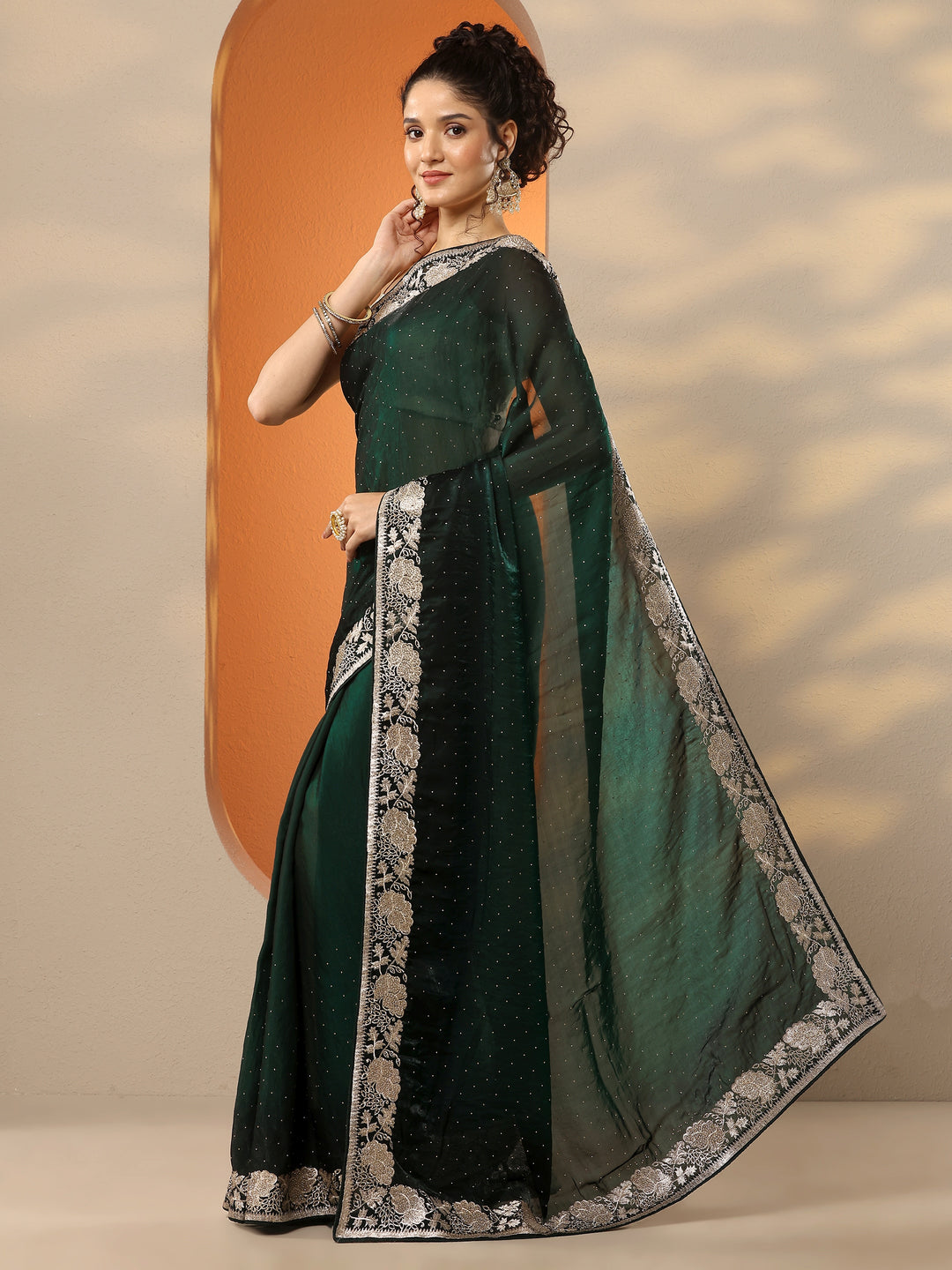  Green Embellished Organza Saree With Unstitched Blouse Piece 