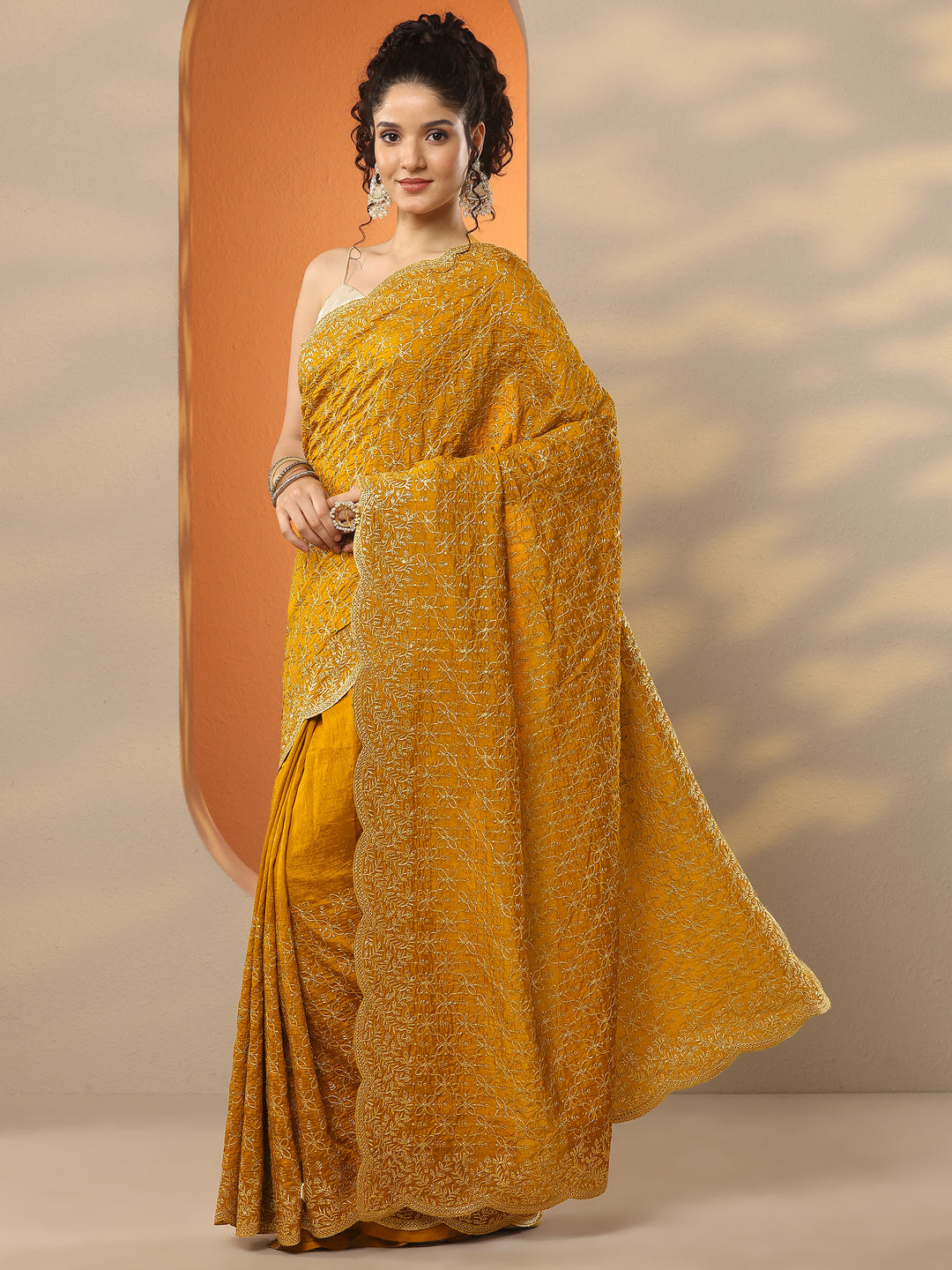  Mustard Embellished Silk Blend Saree With Unstitched Blouse Piece 