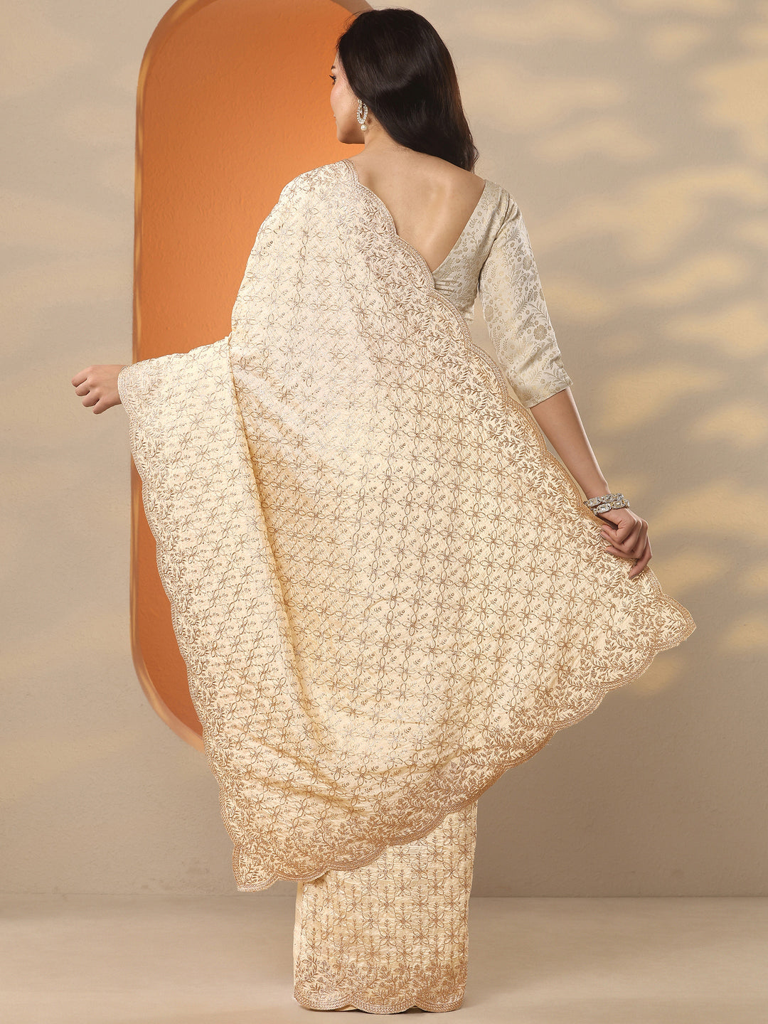  Gold Embellished Silk Blend Saree With Unstitched Blouse Piece 