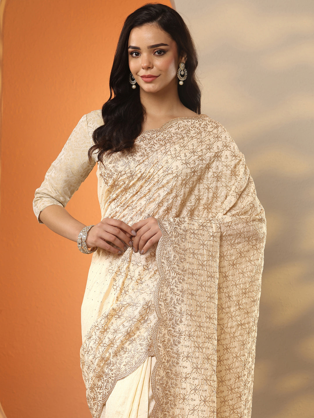  Gold Embellished Silk Blend Saree With Unstitched Blouse Piece 