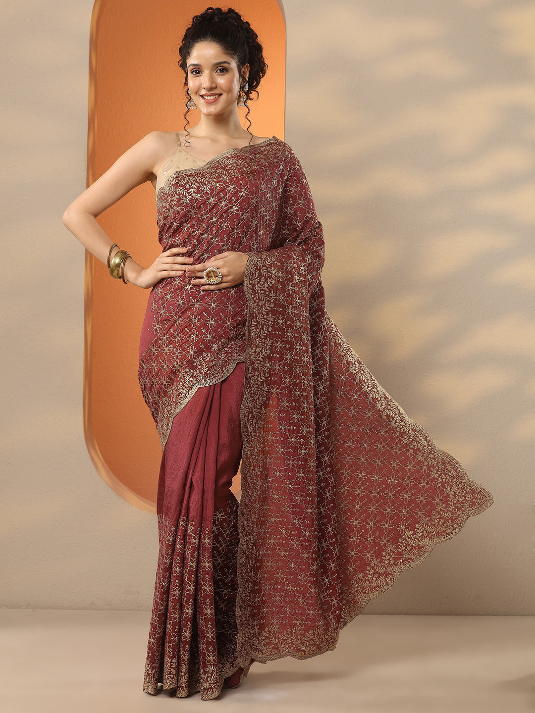  Rust Embellished Silk Blend Saree With Unstitched Blouse Piece 