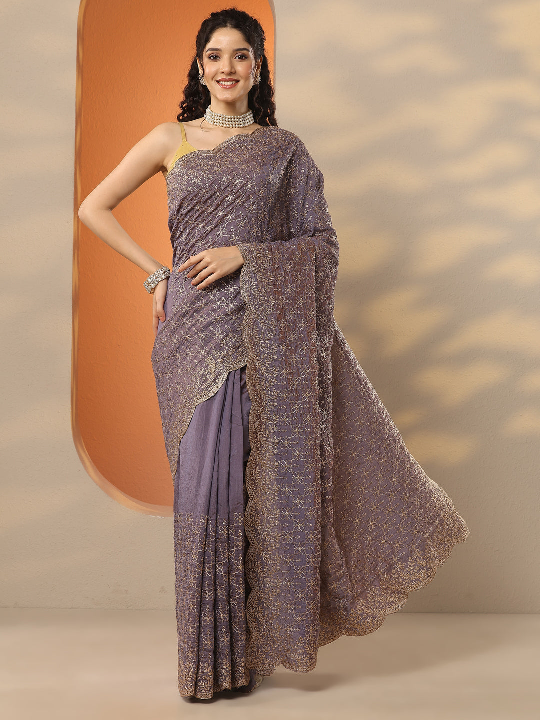  Lavender Embellished Silk Blend Saree With Unstitched Blouse Piece 