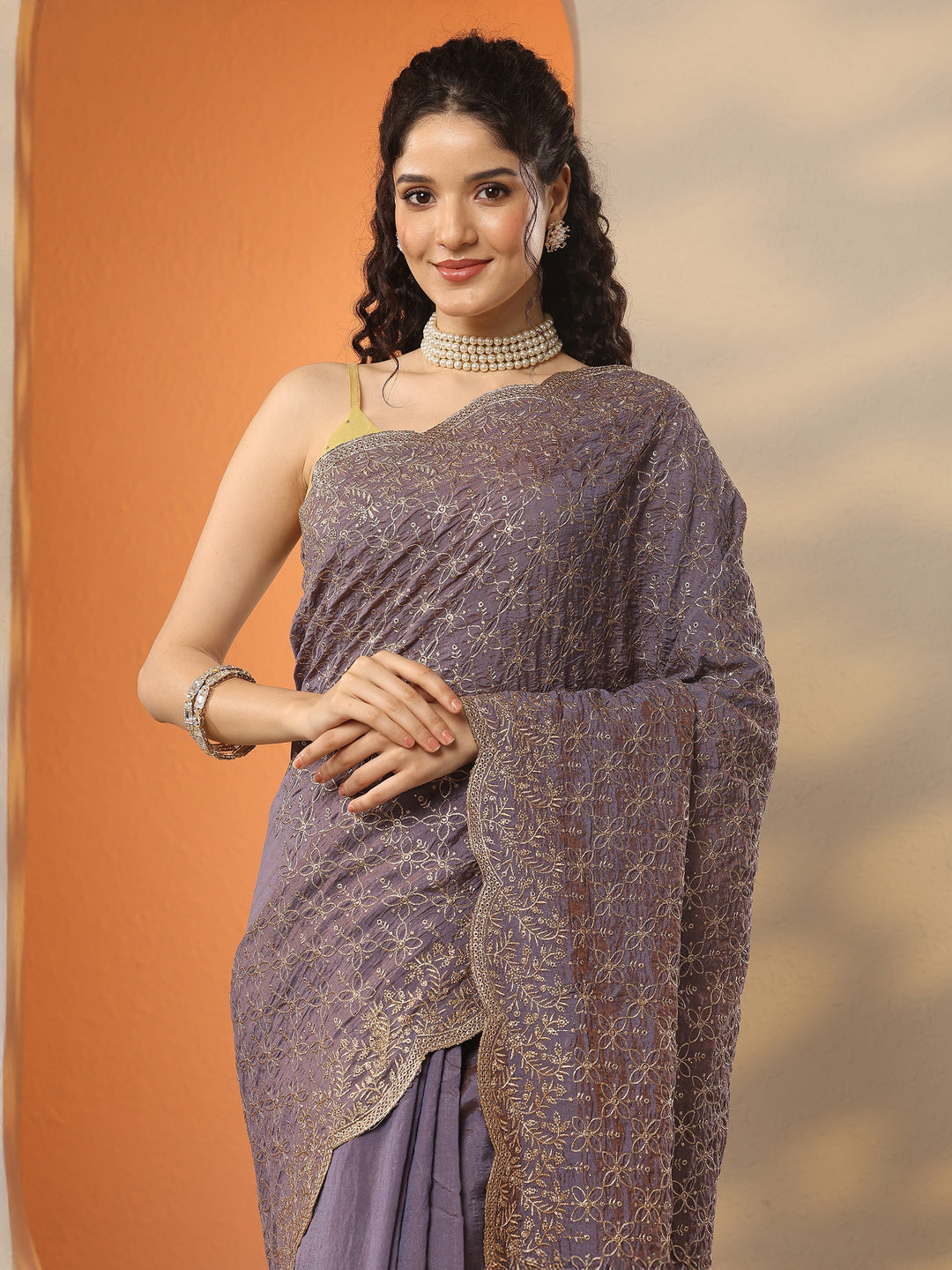  Lavender Embellished Silk Blend Saree With Unstitched Blouse Piece 