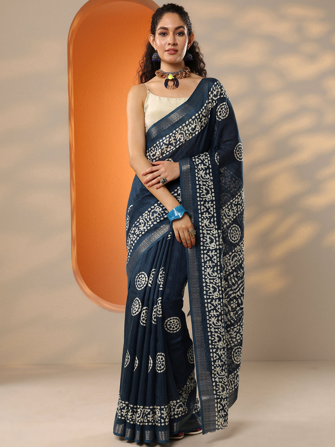  Blue Printed Silk Blend Saree With Unstitched Blouse Piece 