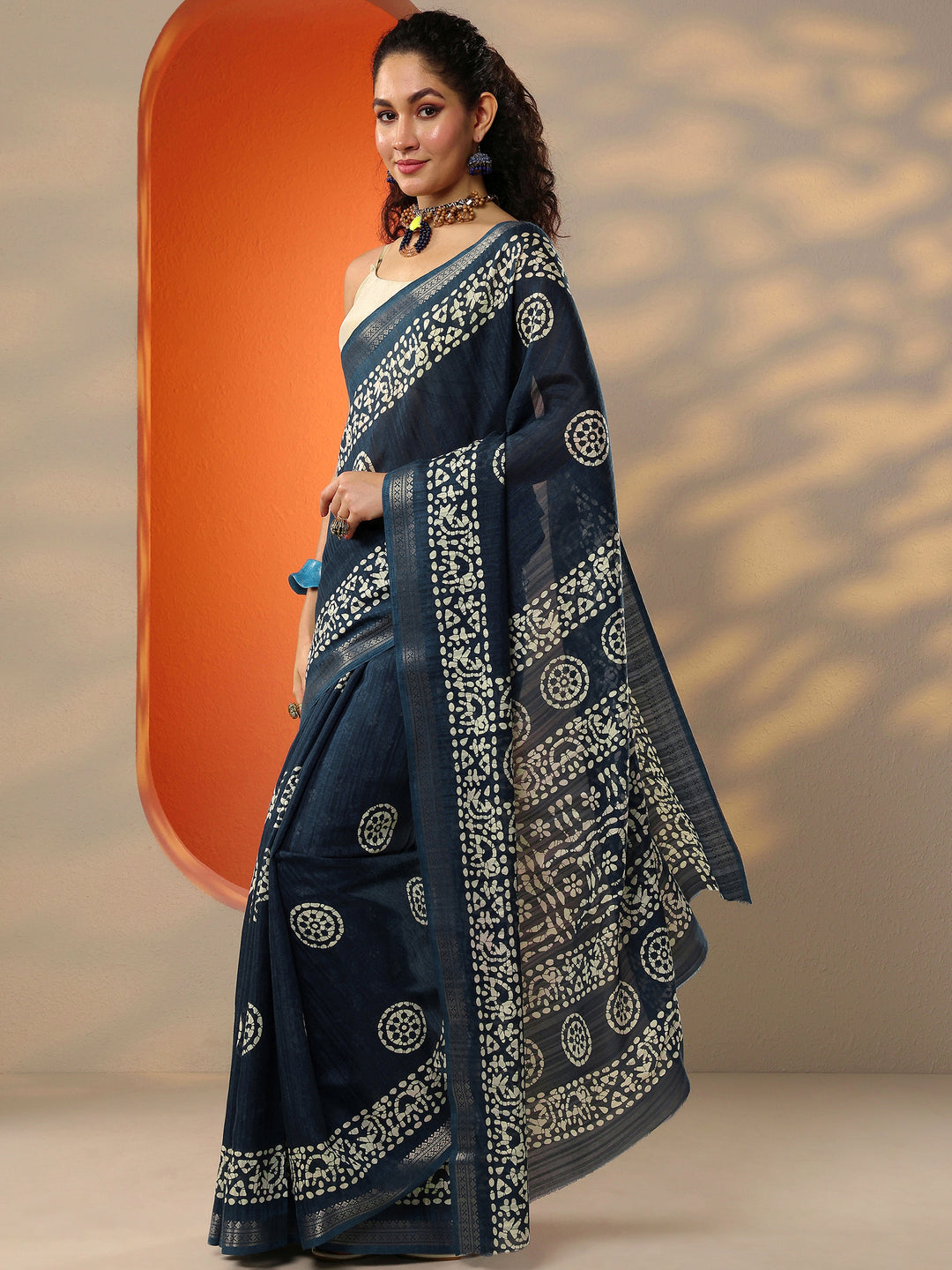  Blue Printed Silk Blend Saree With Unstitched Blouse Piece 
