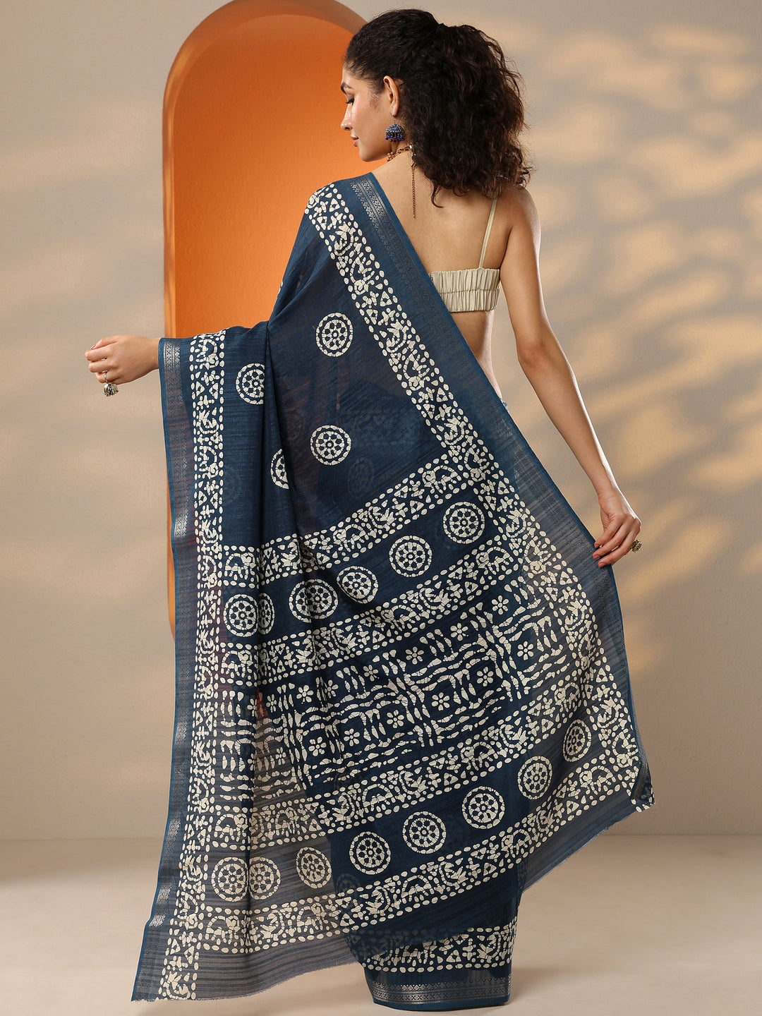  Blue Printed Silk Blend Saree With Unstitched Blouse Piece 