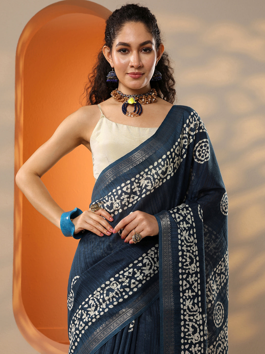  Blue Printed Silk Blend Saree With Unstitched Blouse Piece 