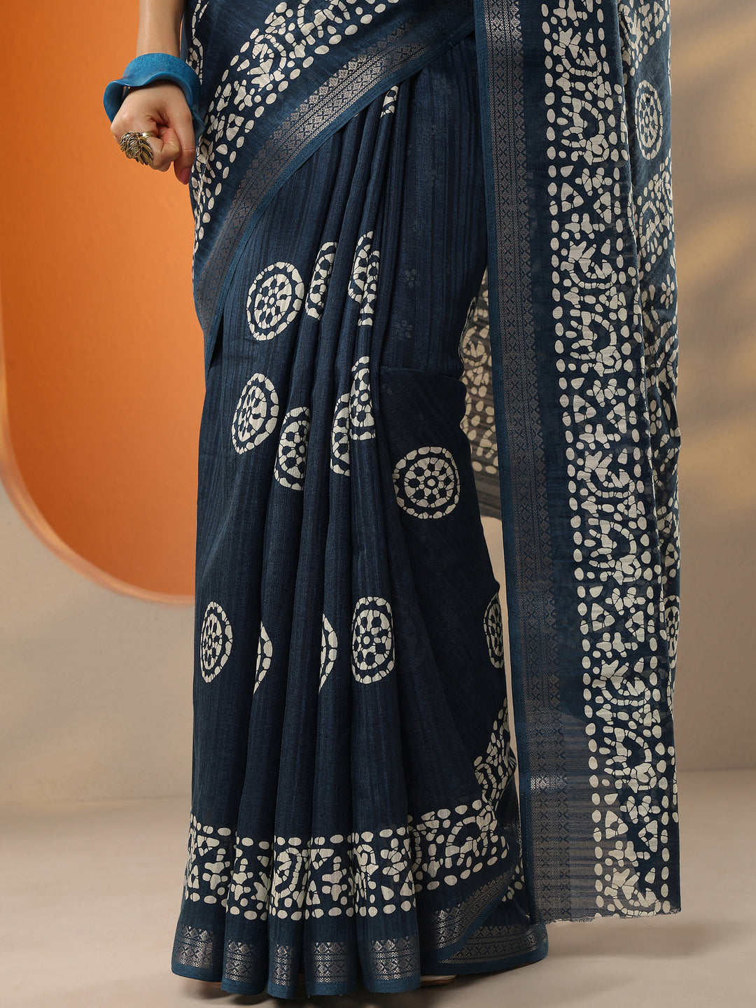  Blue Printed Silk Blend Saree With Unstitched Blouse Piece 
