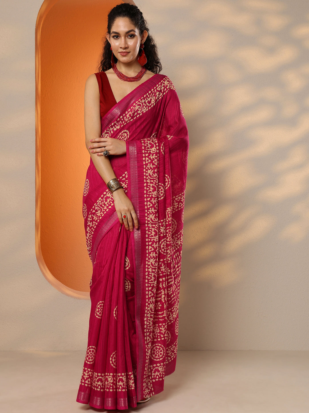  Pink Printed Silk Blend Saree With Unstitched Blouse Piece 