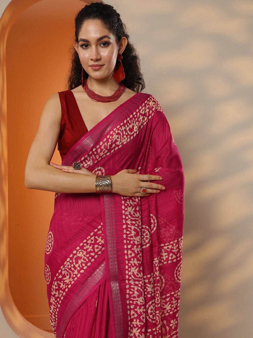  Pink Printed Silk Blend Saree With Unstitched Blouse Piece 