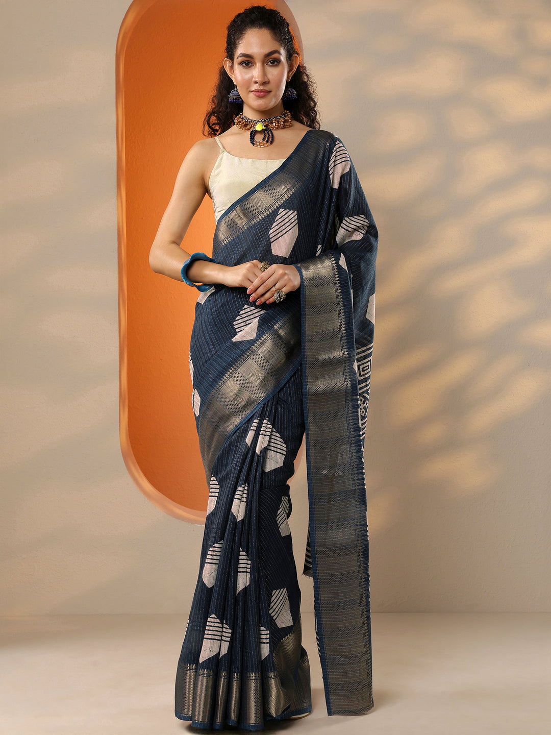  Navy Blue Printed Silk Blend Saree With Unstitched Blouse Piece 