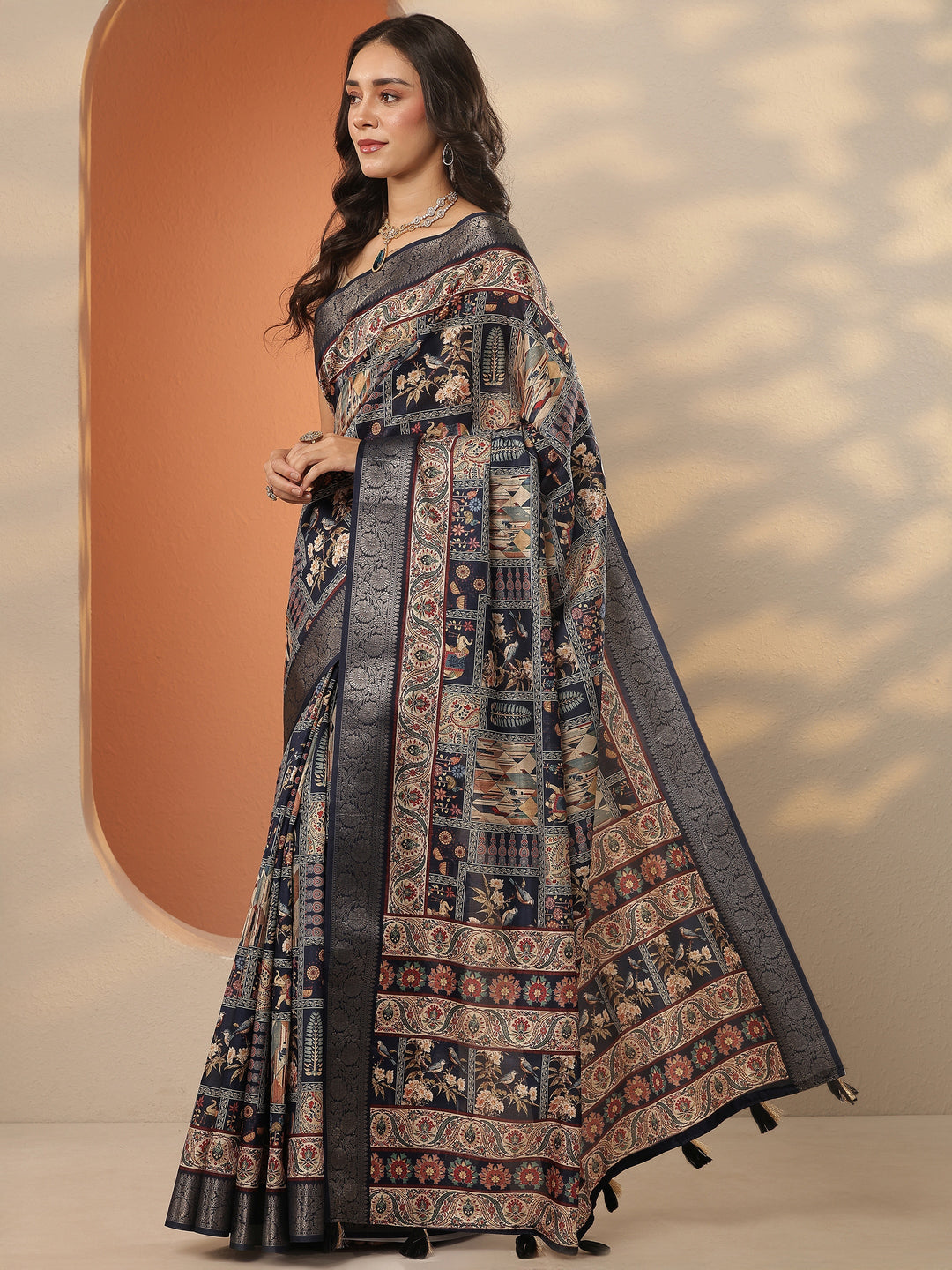  Navy Blue Printed Silk Blend Saree With Unstitched Blouse Piece 