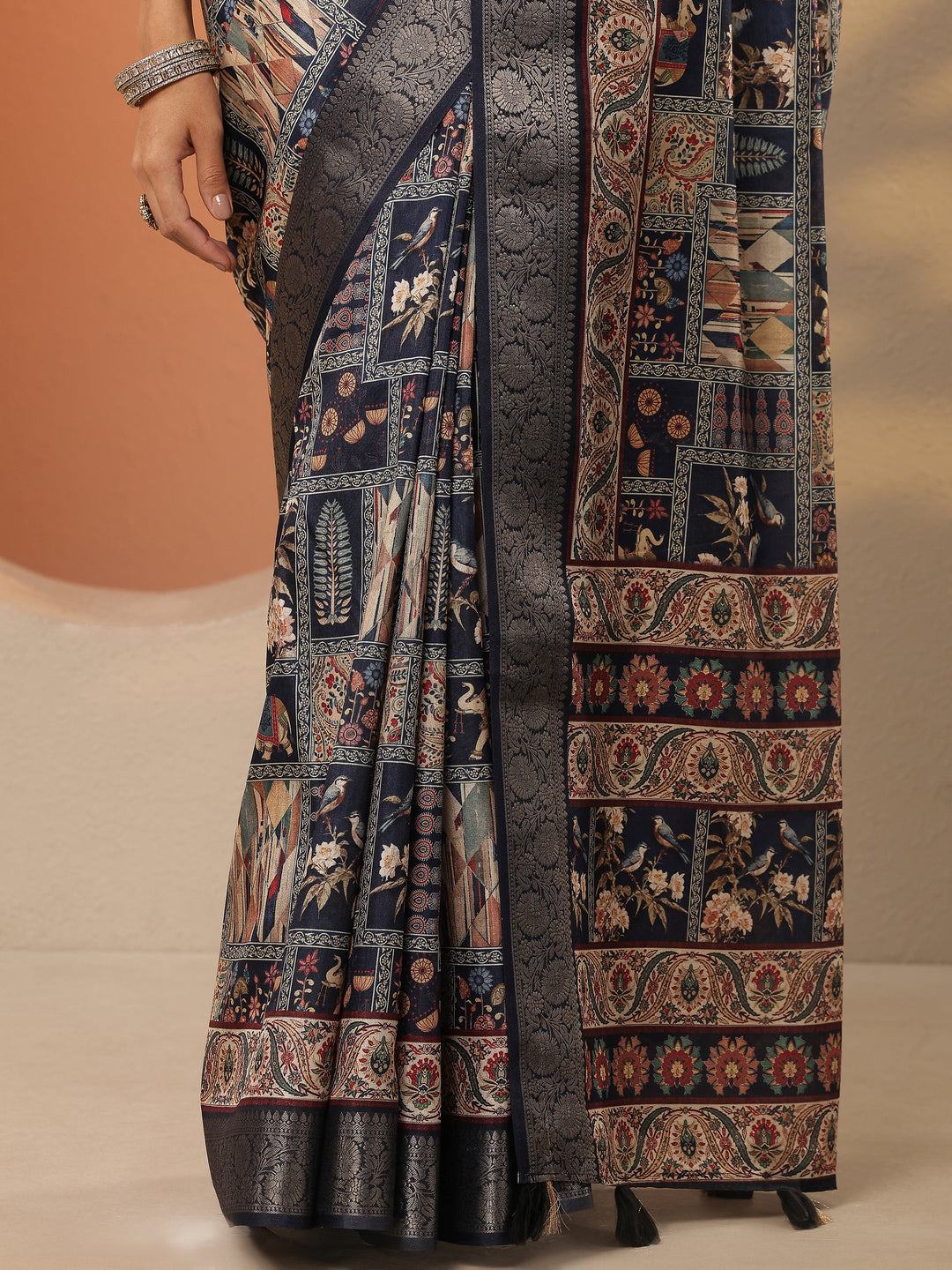  Navy Blue Printed Silk Blend Saree With Unstitched Blouse Piece 