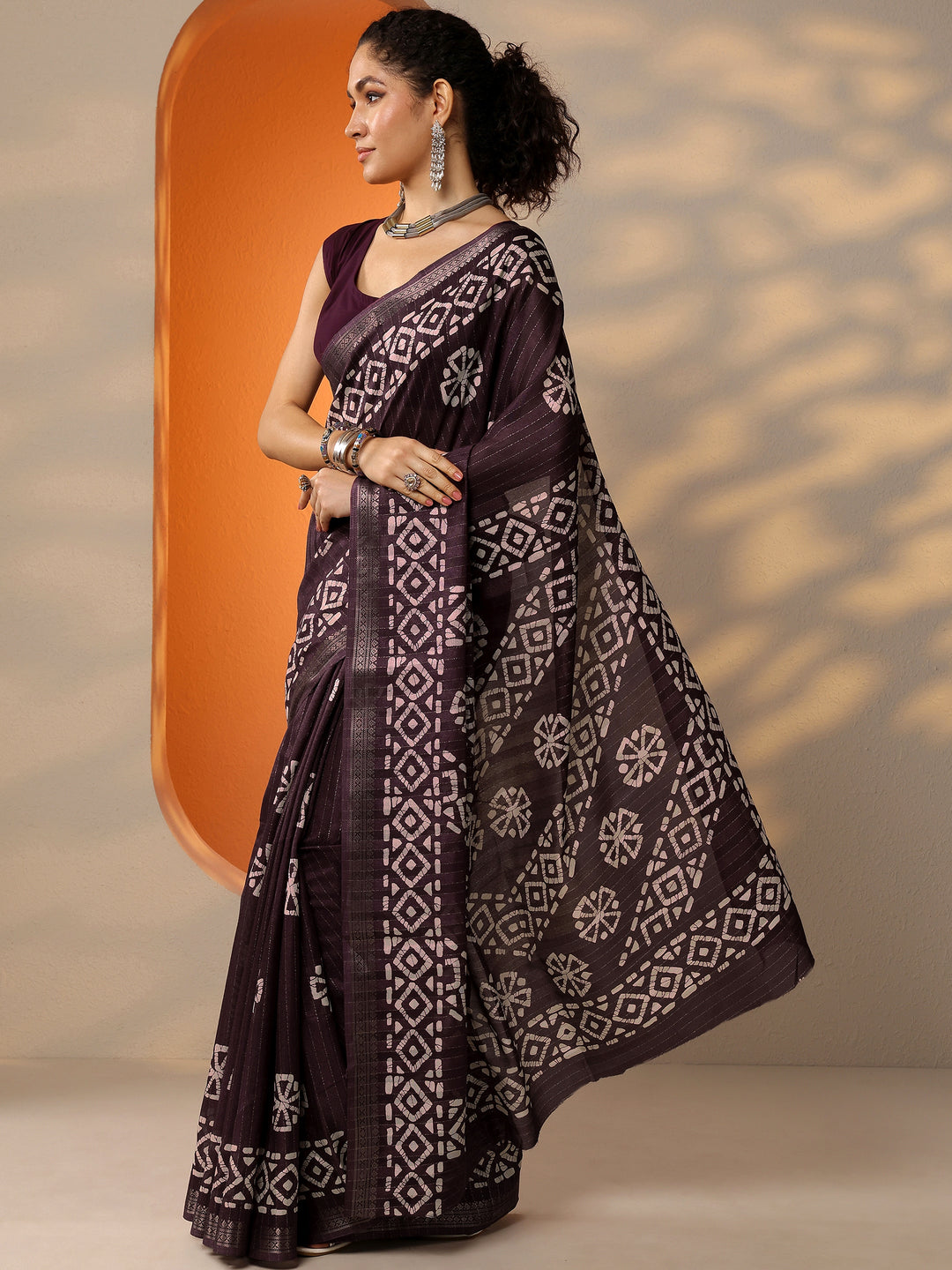  Purple Printed Silk Blend Saree With Unstitched Blouse Piece 