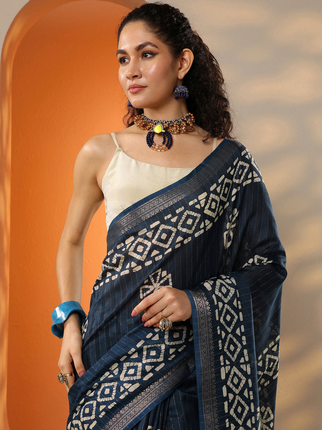  Navy Blue Printed Silk Blend Saree With Unstitched Blouse Piece 