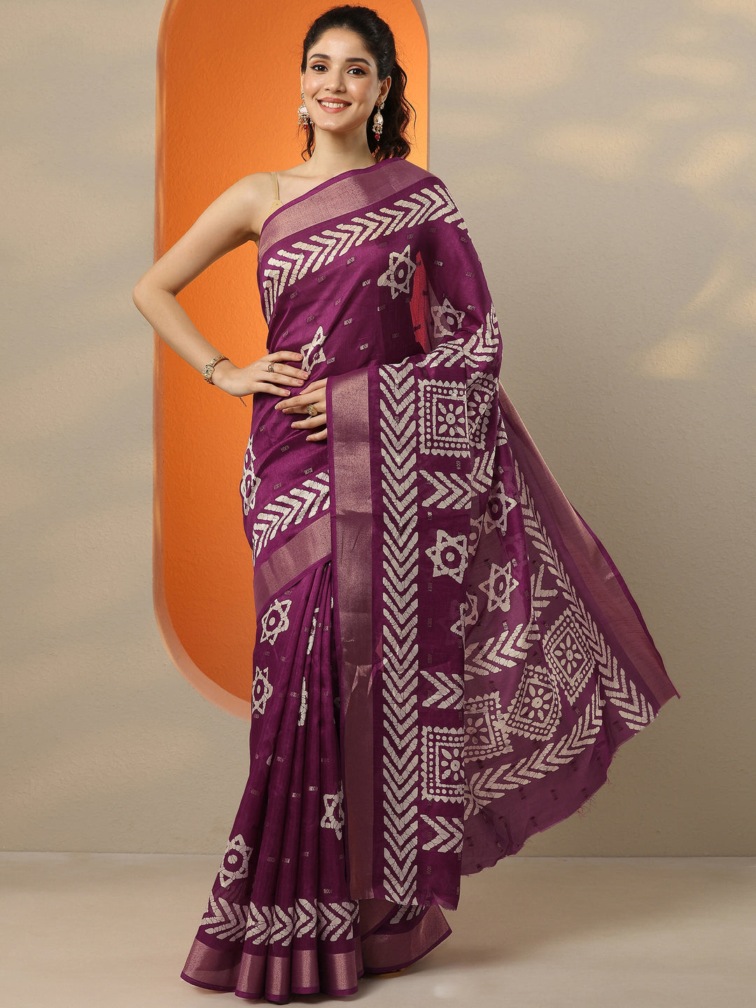  Burgundy Printed Silk Blend Saree With Unstitched Blouse Piece 