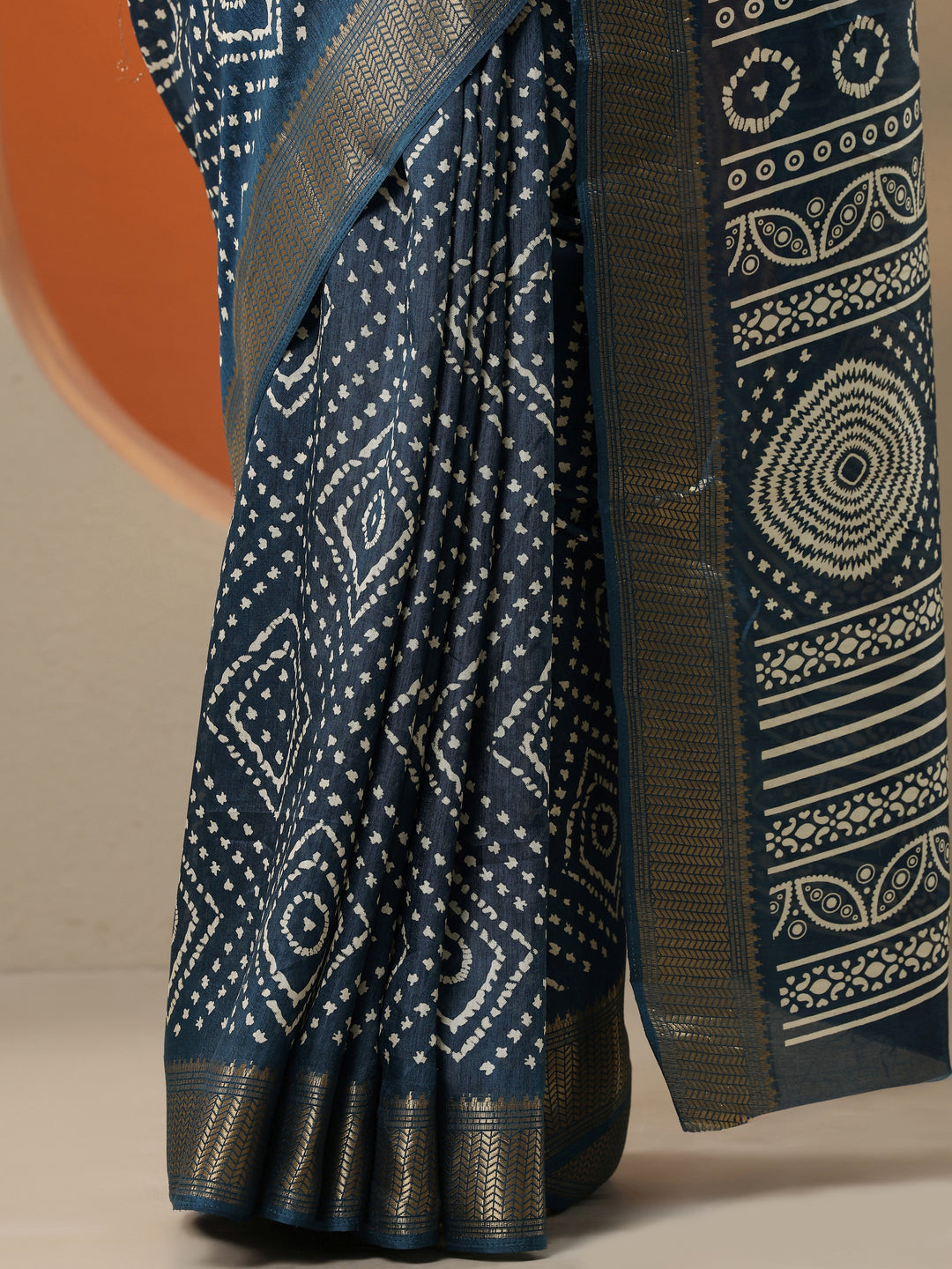  Navy Blue Printed Silk Blend Saree With Unstitched Blouse Piece 